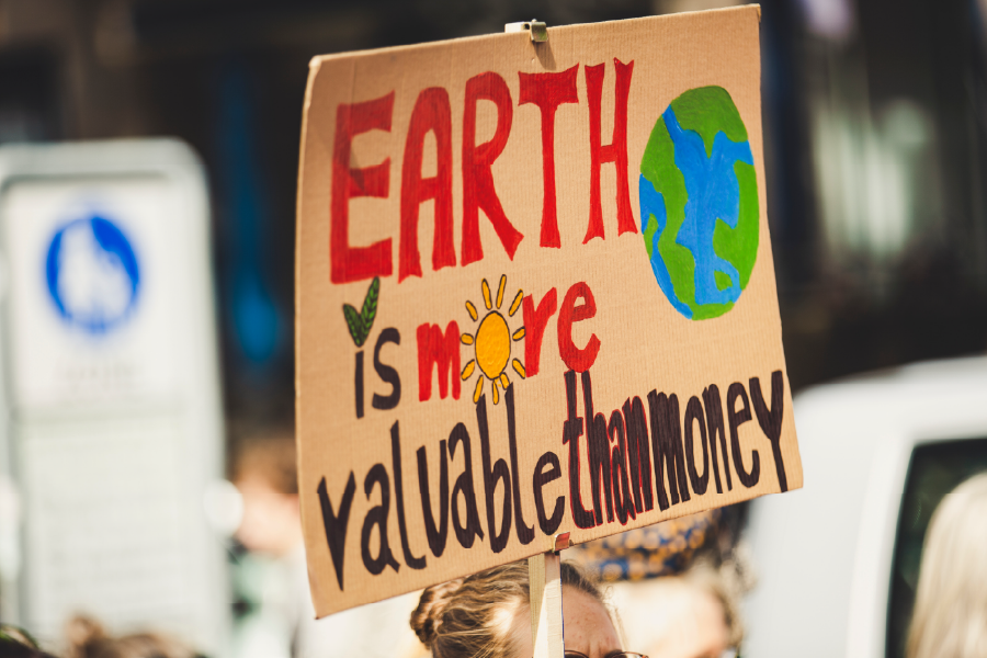 A protester holds a sign that reads "Earth is more valuable than money" with a painted globe on it