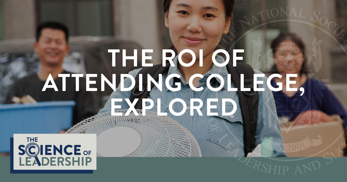 The Science of Leadership: The ROI of Attending College, Explored | Image features a happy young woman moving into college carrying her belongings.  