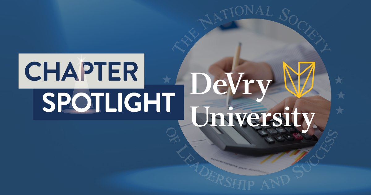 Chapter Spotlight: Devry University. A person's hands are seen holding a pencil in their right and tapping on a calculator with the left.